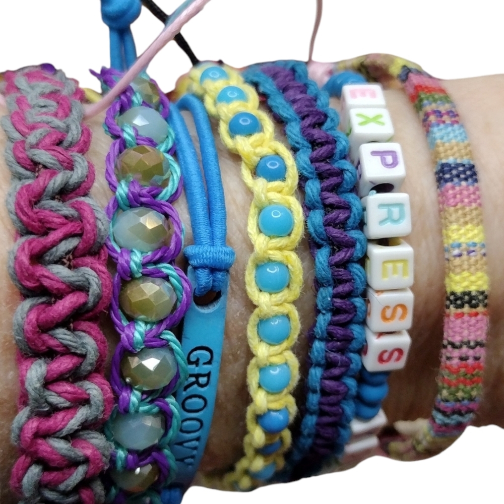 Lot of 7 Friendship Bracelet's yellow blue pull size bands and stretch OSFM